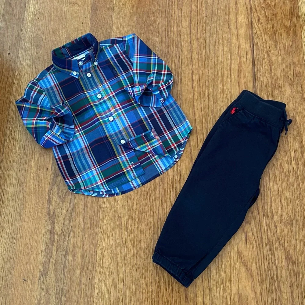 Ralph Lauren Kids Plaid Long Sleeve Shirt and chino Pants Set